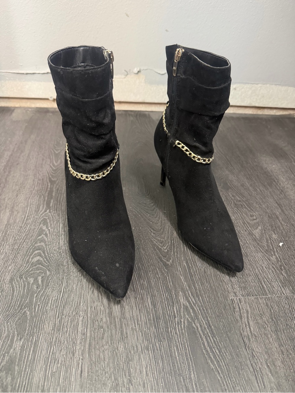 Marc Fisher Black Suede Pointed Ankle Booties with Gold Chain Accent